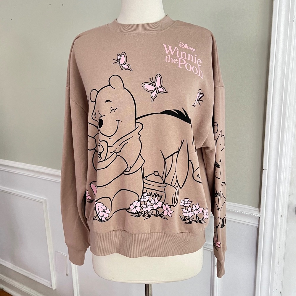 Disney Winnie the Pooh Sweatshirt XS Oversized Graphic Mauve Pink Pullover